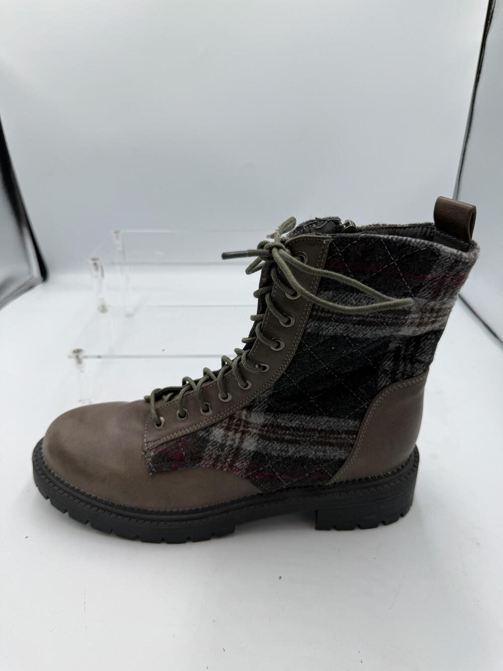Rock & Candy Boots Womens Size 8 Brown Plaid Combat Lace Up Side Zip Ankle